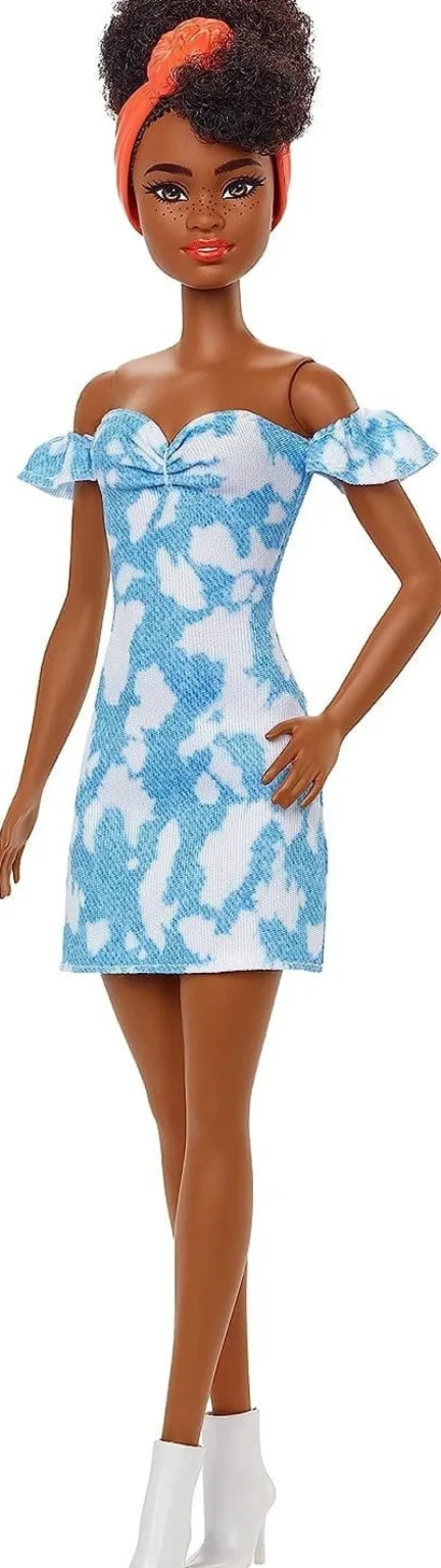 Barbie Fashionistas Doll 185 Black Up-do Hair Off-shoulder Bleached Denim Dress Hot