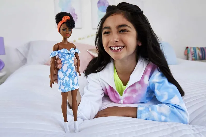 barbie_fashionistas_doll__2-1.webp Barbie Fashionistas Doll 185 Black Up-do Hair Off-shoulder Bleached Denim Dress Hot
